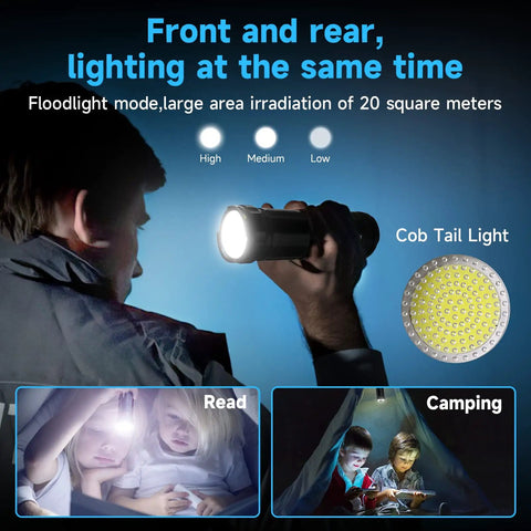 Beast Mode 3000 Lumen Tactical Flashlight With Dual Front And Back Beams COB Work Light High Power Handheld Light For Emergencies Camping And Hiking Ultra Bright LED Flashlight For Outdoors
