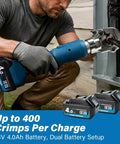 Tough As Nails Electric Battery Hydraulic Cable Lug Crimping Pliers With 17 Interchangeable Dies in use, featuring dual 18V batteries.