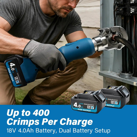 Tough As Nails Electric Battery Hydraulic Cable Lug Crimping Pliers With 17 Interchangeable Dies in use, featuring dual 18V batteries.