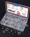 Hilitchi 300-piece stainless steel external-tooth star lock washers kit in a transparent plastic case; sizes M2.5–M12.