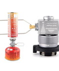 Gas Canister Refill Adapter Z15 And Z11 Lindal Valve Shifter with butane canister and camping stove setup for outdoor use