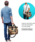 Workhorse Insulated Lunch Bag With Shoulder Strap 15L Go To Cooler Tote in hand and on shoulder, beige with horse print