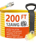 Coiled yellow Heavy Duty Outdoor Extension Cord 200 Ft 12 Gauge 3 Wire Waterproof SJTW With Lighted End and strap