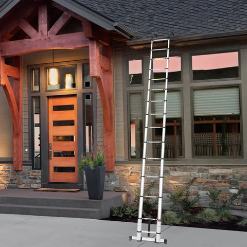 Telescoping Aluminum Ladder 15 Ft For Home DIY And RV Attic Access leaning against a house, showing full extension.