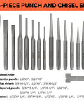 Heavy Duty 16 Piece Punch And Chisel Set For Tough Metalworking Jobs With Cr-V Steel Tapered Pin Center Punches And Cold Chisels Perfect For Pro Auto Repair Shop Work That Gets The Job Done Right.