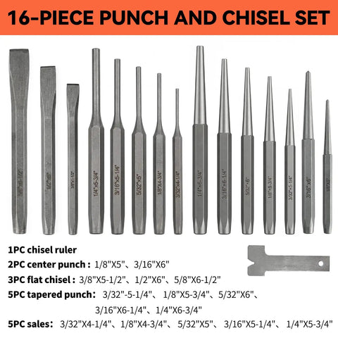 Heavy Duty 16 Piece Punch And Chisel Set For Tough Metalworking Jobs With Cr-V Steel Tapered Pin Center Punches And Cold Chisels Perfect For Pro Auto Repair Shop Work That Gets The Job Done Right.