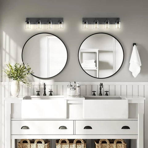 Dope Matte Black Vanity Light With Clear Glass Shades 30 Inch Farmhouse Bathroom Fixture over mirror in modern bathroom