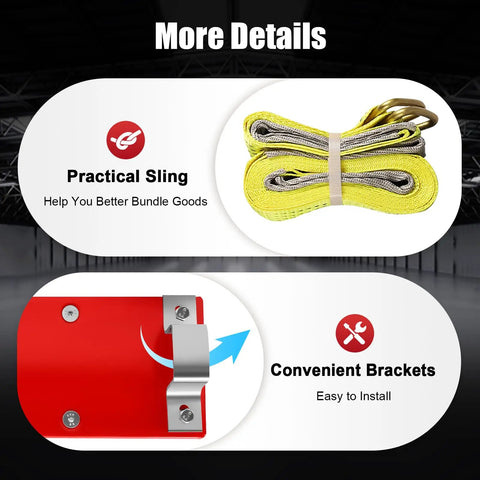 Electric Hoist With Remote Control 110V Winch Lift For Factories Warehouses And Construction Sites Dual Rope Capability Up To 440 Lbs details, including yellow sling and metal bracket.