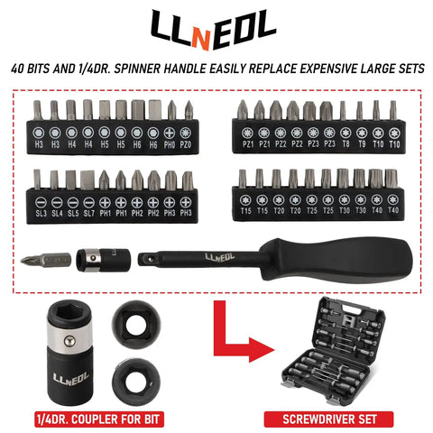 40-piece screwdriver and bit set with black handle and hard case