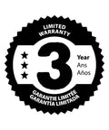 Black and white 3-year limited warranty badge with stars and text in English, French, and Spanish.