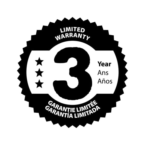Black and white 3-year limited warranty badge with stars and text in English, French, and Spanish.