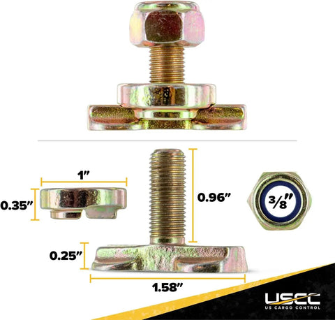 Heavy Duty L Track Double Stud Fittings 4 Pack 3/8 Inch Threaded Steel Bolts showing sizes and details for secure cargo fastening.