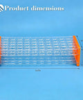 Three Piece Plastic Test Tube Rack With Fifty Holes For Fifteen To Eighteen mm Tubes Eighteen Point Seven mm Hole Diameter Clear Acrylic Lab Rack Detachable Orange For Slick Tube Organization In School And Research Labs shown with dimensions on blue background