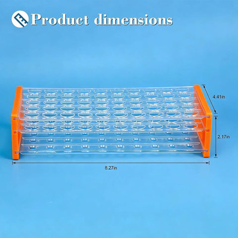 Three Piece Plastic Test Tube Rack With Fifty Holes For Fifteen To Eighteen mm Tubes Eighteen Point Seven mm Hole Diameter Clear Acrylic Lab Rack Detachable Orange For Slick Tube Organization In School And Research Labs shown with dimensions on blue background