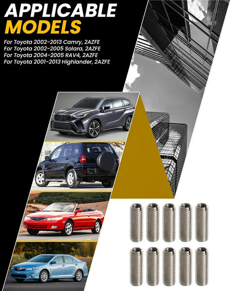 10 Piece Head Bolt Thread Inserts Kit M11 X 1.5 For Toyota Camry Years 2002 Through 2013 Solara Years 2002 Through 2005 RAV4 Years 2004 Through 2005 Highlander Years 2001 Through 2013 Stainless Steel Engine Cylinder Head Repair Tool displayed with applicable car models and buildings in the background.