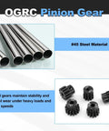 OGRC Steel Hardened 32P Pinion Gears Set 10T 11T 12T 13T 14T With 3.175mm Shaft For Traxxas Arrma HSP HPI Axial Tamiya Losi One Tenth Scale RC Cars And Buggies and metal tubes shown.