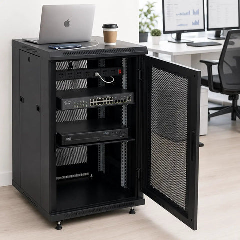 Badass Heavy Duty 18U Server Rack Cabinet With Smooth Rolling Locking Wheels And Adjustable Depth For 19 Inch Network Gear And Tight Cable Setup, open with equipment inside.