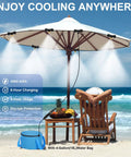 Portable Misting System With Rechargeable Pump For Outdoor Cooling under umbrella by beach