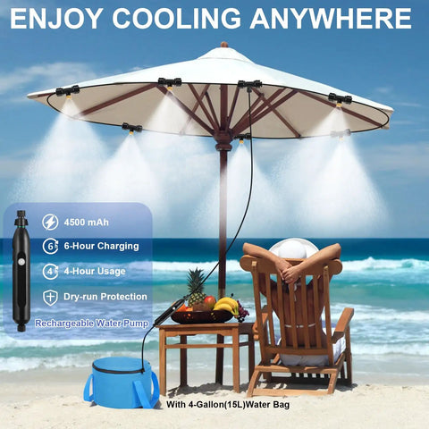 Portable Misting System With Rechargeable Pump For Outdoor Cooling under umbrella by beach