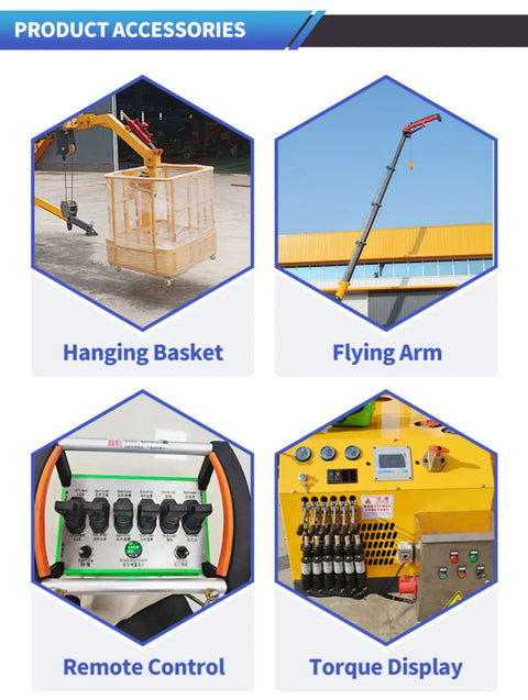 Badass Compact Crawler Crane 1.5 Ton 3 Ton Hydraulic Telescopic Lift Portable Electric Construction Rig accessories including hanging basket, flying arm.