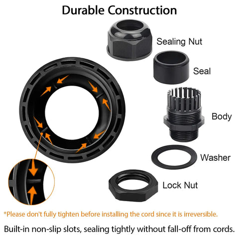 Diagram showing parts of PG21 Cable Glands 20 Pack Waterproof Adjustable Range 12.5 To 18mm for Wires and Electrical Cables.
