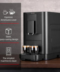 Sweet Home Coffee Setup Featuring A Fully Automatic Espresso Machine That Knocks Out Smooth One Touch Brews Fast With An Integrated Grinder Touchscreen Control Four Quick Drink Picks Compact Black Silhouette Fits Tiny Kitchens Or Offices, sleek compact design with two espresso cups.