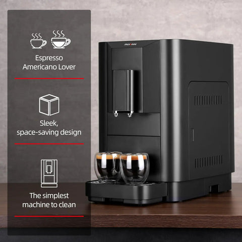 Sweet Home Coffee Setup Featuring A Fully Automatic Espresso Machine That Knocks Out Smooth One Touch Brews Fast With An Integrated Grinder Touchscreen Control Four Quick Drink Picks Compact Black Silhouette Fits Tiny Kitchens Or Offices, sleek compact design with two espresso cups.