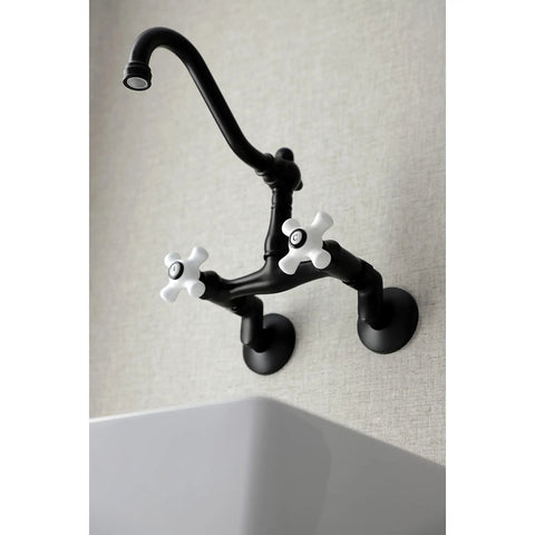 Vintage Center Wall Mount Kitchen Faucet In Matte Black With Adjustable Center Spacing From 3.5 To 8.5 Inches, solid brass
