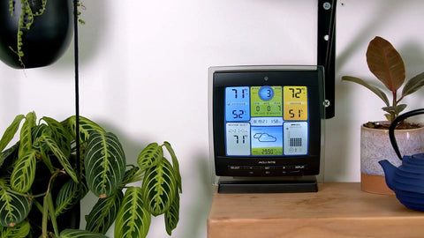 Notos 3 In 1 Weather Station For Indoor Outdoor Temperature Humidity And Wind Speed With Real Time Readings Plus Hyperlocal Forecast On An Illuminated Color Display on a shelf