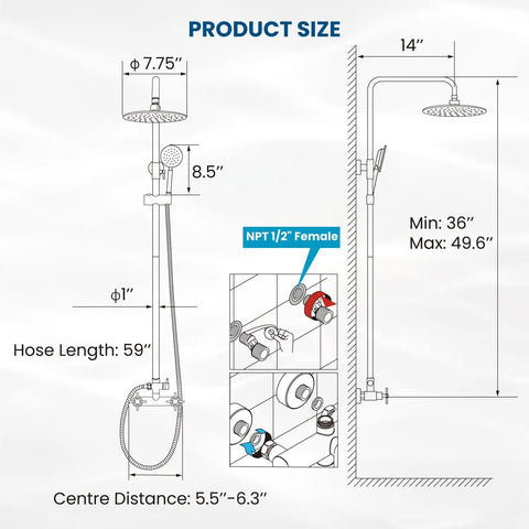 Diagram of SUS304 Outdoor Shower System with Wall Mount, Heavy Duty High Pressure Dual Function Faucet Set, dimensions shown