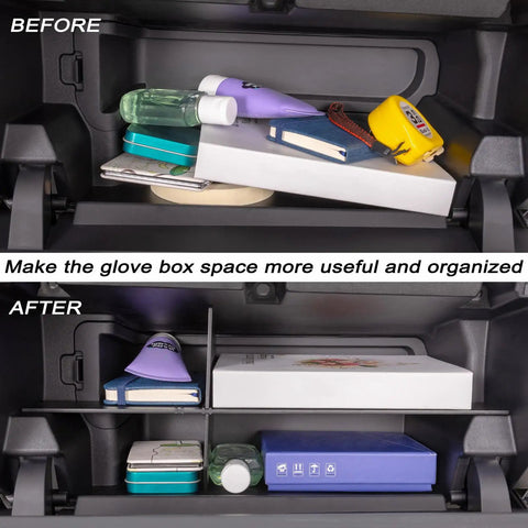 Before and after of Glove Box Organizer For Toyota Tacoma 4th Gen 2024-2026 Four-Compartment Insert Patent Design Car Interior Storage Divider.