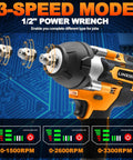 One Half Inch Cordless Impact Wrench With Brushless Motor, 1000 Newton Meters Of Torque And 740 Foot Pounds, Three Speed Settings