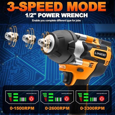 One Half Inch Cordless Impact Wrench With Brushless Motor, 1000 Newton Meters Of Torque And 740 Foot Pounds, Three Speed Settings