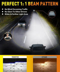 Car with H11 H9 and 9005 HB3 light bulbs driving at night, showing perfect beam pattern and wider light area.