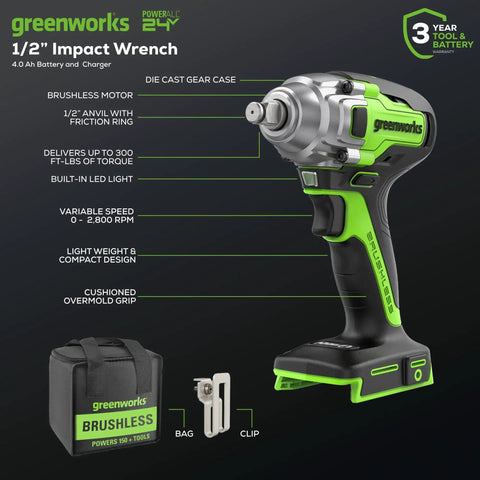 24V Brushless Half Inch Cordless Impact Wrench With 3 Speed Selector And LED Light Delivers 300 Ft Lbs Torque Ultra Compact And Lightweight Built For Tight Spots 4Ah Battery And Compact Charger Included shown with accessories