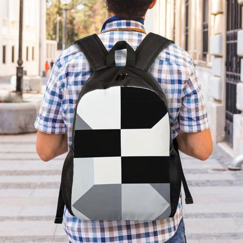 Clean Black And White Piano Grid Print Travel Backpack With Bold Front Art, Dope Laptop Daypack For Daily Commute And Fitness Trips, Slick Shoulder Bag That Truly Slays worn on back in urban setting.