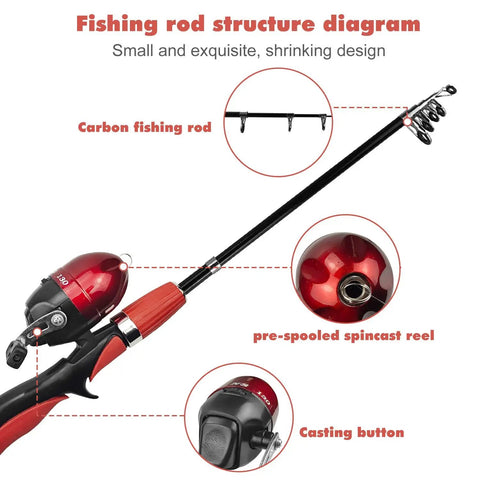 Kids Telescopic Fishing Pole And Reel Combo With Tackle Box Easy Open Starter Kit for Boys Girls Youth Beginners Portable Red