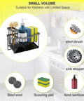 Sink Caddy With Brush Holder And Self Drain Tray, Stainless Steel Kitchen Organizer For Sponges And Soap Dispenser, shown in a kitchen setting.