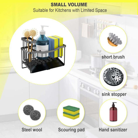 Sink Caddy With Brush Holder And Self Drain Tray, Stainless Steel Kitchen Organizer For Sponges And Soap Dispenser, shown in a kitchen setting.