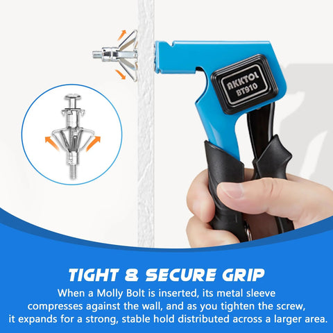 Installation of Heavy-Duty Molly Bolts For Drywall And Plaster Walls Kit, using setting tool, anchor expands for secure grip.