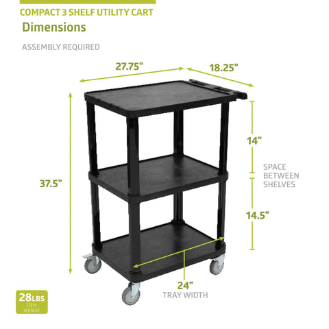 3 Tier Compact Utility Cart With Lockable Wheels Heavy Duty Plastic Organizer Rolling Cart For Office Crafts Kitchen Tools And More Holds Up To 300 Lbs Black with dimensions labeled