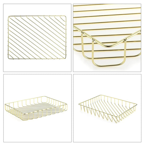 Gold Desk File Tray Organizer For A4 Papers And Documents shown from multiple angles, featuring wire design and gold finish.