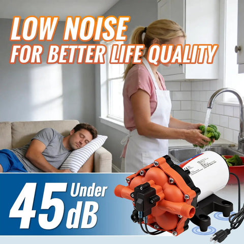 Five Chamber 110V AC Fresh Water Diaphragm Pump With On Demand Pressure Switch in kitchen, showcasing low noise, man sleeping.