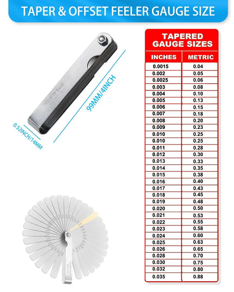 Feeler gauge set with 32 stainless steel blades, dual metric/SAE markings, valve thickness gauge (front view).