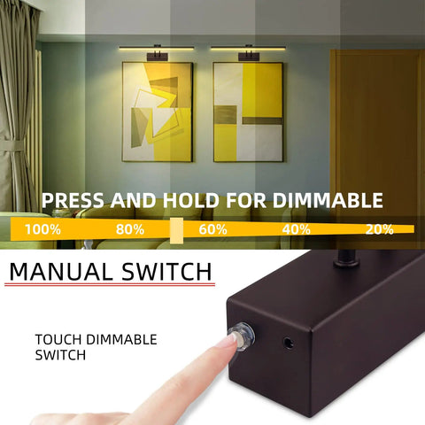 Wireless Rechargeable Picture Light, 16 Inch Head, manual touch dimmable switch and brightness levels display