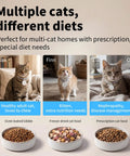 Image of three cats with RFID collar tags for cat feeder, highlighting varied diets. RFID Enabled Cat Feeder With Collar Tag And No Fuss App Control, 4.6L Capacity, 5G WiFi Connectivity, Diet Tracking, Anti Theft, Ideal For Multi Pet Homes, Adjustable Lid Release For Your Cat.