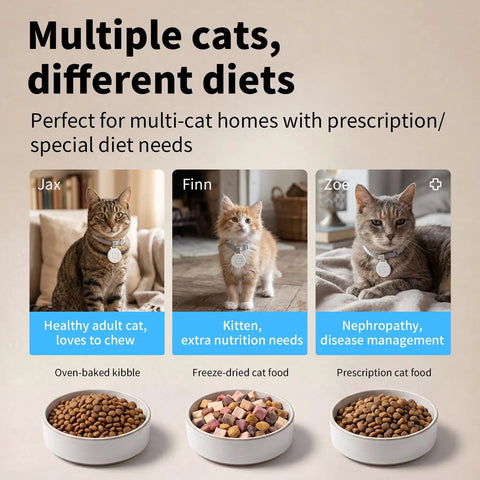 Image of three cats with RFID collar tags for cat feeder, highlighting varied diets. RFID Enabled Cat Feeder With Collar Tag And No Fuss App Control, 4.6L Capacity, 5G WiFi Connectivity, Diet Tracking, Anti Theft, Ideal For Multi Pet Homes, Adjustable Lid Release For Your Cat.