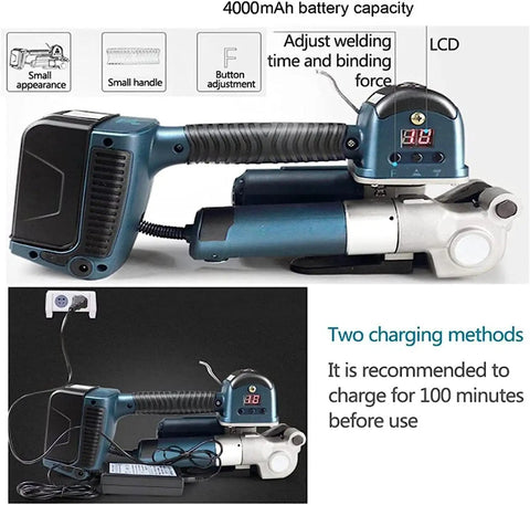 No Sweat Electric Strapping Tool For Pp Pet Straps That Crushes Heavy Bundles Quick With A Precharged Battery and dual motor heating sealer with LCD display.