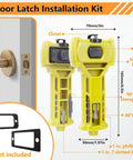 Door with installed latch and diagram of Hinge And Latch Installation Kit With ABS Mortiser Template, green tools and dimensions shown.
