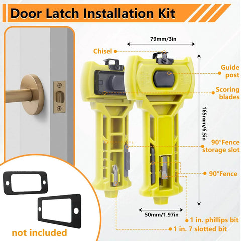 Door with installed latch and diagram of Hinge And Latch Installation Kit With ABS Mortiser Template, green tools and dimensions shown.